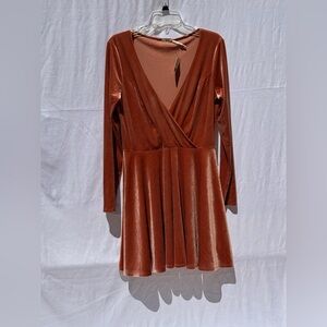 Urban Outfitters Burnt Orange Velvet Textured Long Sleeve V-Neck Dress